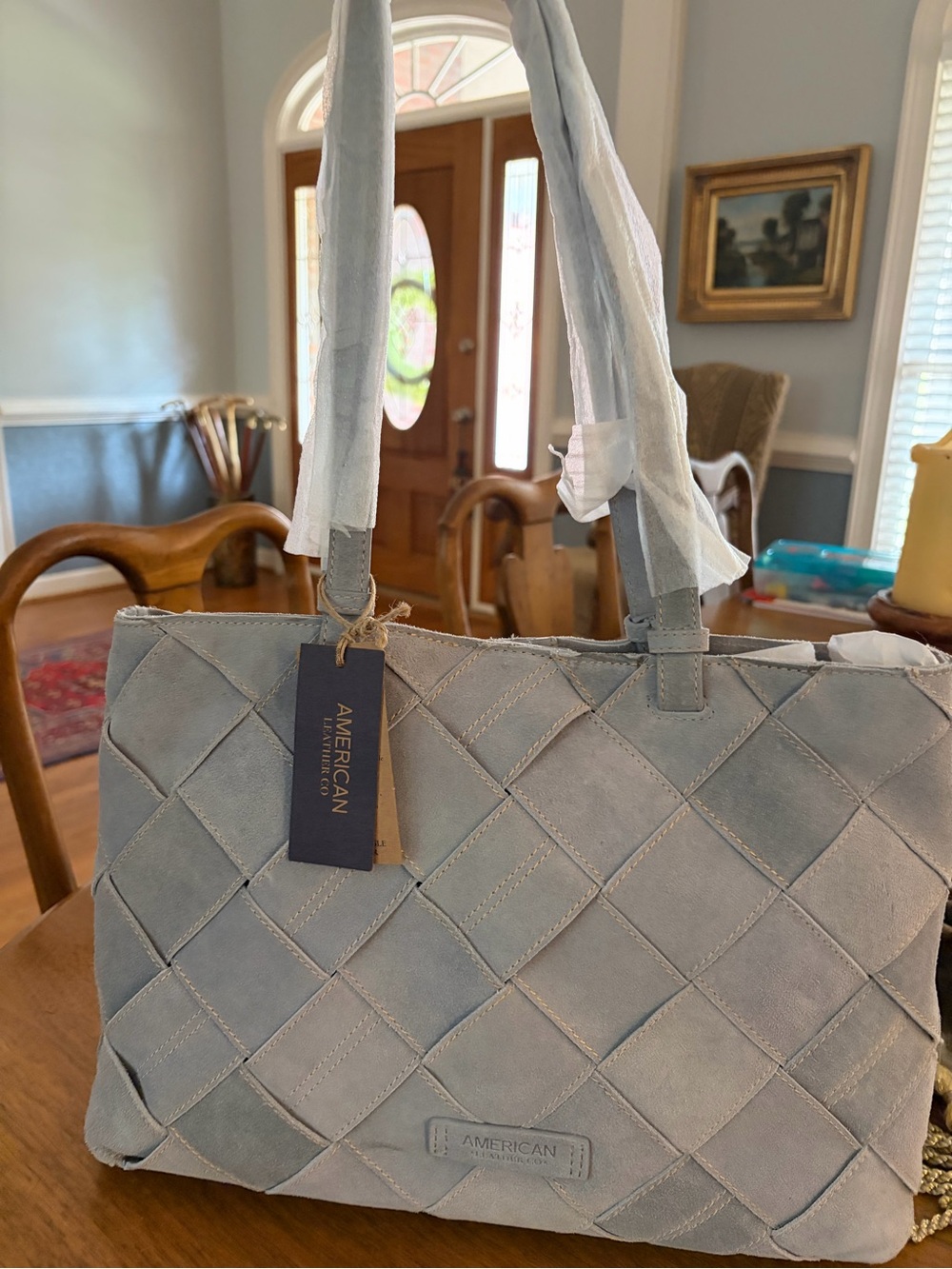 American Leather Co Grey Suede Woven Shoulder Bag
